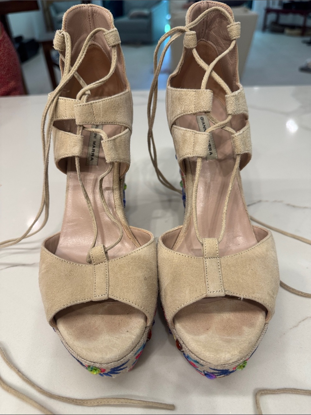 Gianni Marra Neutral Suede Lace-Up Embroidered Platform Sandals
